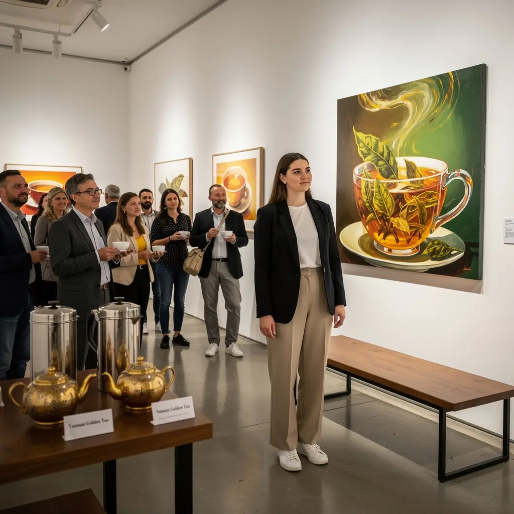 Yunnan arany tea levél, amely éppen szedésre készen áll, ragyogó arany színben.